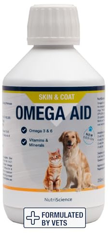 Omega Aid Skin & Coat Supplement for Dogs – High Strength Omega 3 & 6 Fatty Acids with Vitamins A, D, E, Biotin & Zinc – Supports Healthy Skin, Shiny Coat & Itch Relief – Aniseed Flavour – 500ml