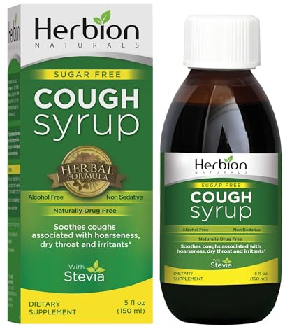 HERBION Naturals Sugar Free Cough Syrup with Stevia 5 FL Oz, Relieves Cough and Soothes Sore Throat, Optimizes Immune, for Bronchial & Lung Function, Pack of 1