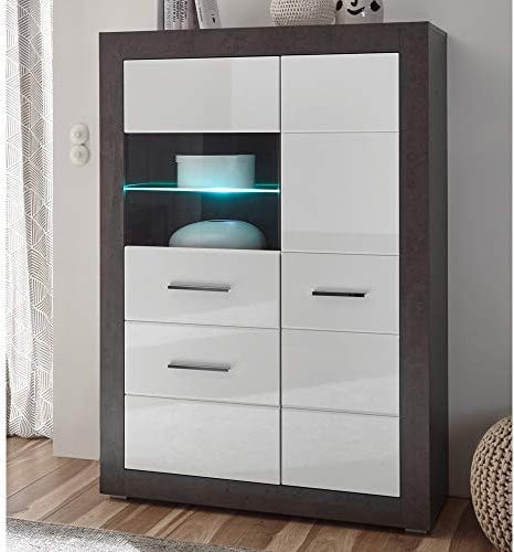 Lomadox Vitrine in Hochglanz weiß mit Betonoptik dunkel, LED-Beleuchtung