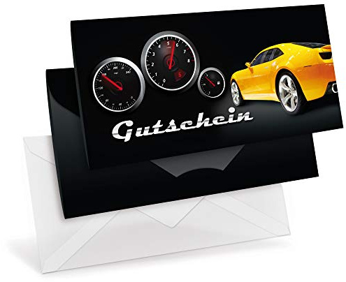 Gutscheinkarten (10 Stück) mit transparenten Briefumschlägen - Geschenkgutscheine für Autohaus, Tankstellen, Werkstätten - DIN lang Faltkarte verschließbar