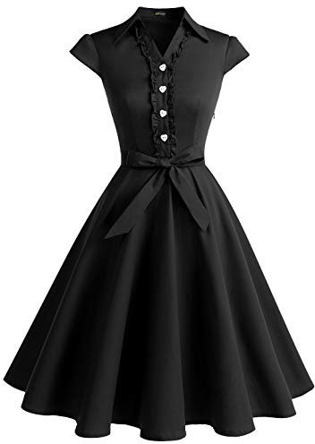 Wedtrend Damen 50er Retro Herzform Knopf Rockabilly Kleid Kurzer Ärmel A-Linie Kleider WTP10007 Black L