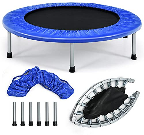 DREAMADE Trampolin Faltbar,Kindertrampolin Fitnesstrampolin mit mit Rutschfesten Fußkappen,Tragfähigkeit max.150 kg,Gartentrampolin für Kinder&Erwachsene, Indoor (Dunkelblau)