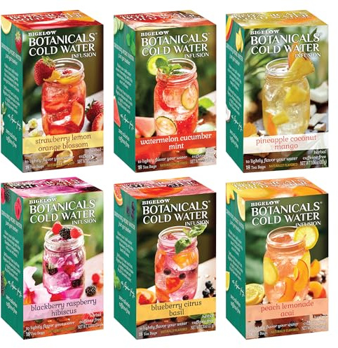 Bigelow Botanicals Cold Water Infusion Herbal Variety Pack, Caffeine Free Tea with Cranberry, Watermelon, Blackberry, Strawberry, Peach & Blueberry Flavor, 18 Count Box (Pack of 6), 108 Total Tea Bags