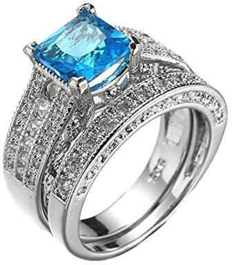 Beydodo Ring Damen Versilbert mit Stein, Verlobungsring Stapelring mit Hellblau Zirkonia Partnerring Silber Eheringe Nickelfrei Gr.54 (17.2)