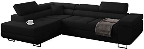 Ecksofa Miami mit Schlaffunktion, Eckcouch mit Bettkasten, L Form Couch, Ecksofa mit Bettkasten, Sofagarnitur mit Schalffunktion, Ottomane Links (Schwarz + Schwarzer Kunstleder -EKO)