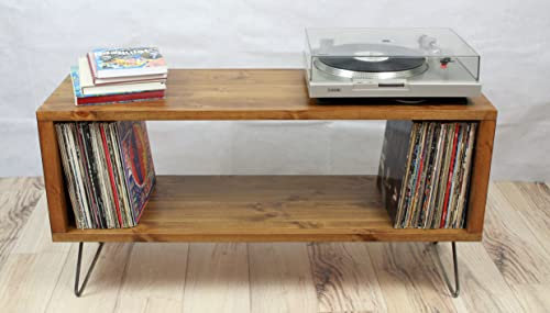 Wooden Industrial Record Player Stand, Vinyl Record Storage Cabinet, TV stand, Music Stand, Made with Solid Wood (100cm NO DIVIDERS, Teak)
