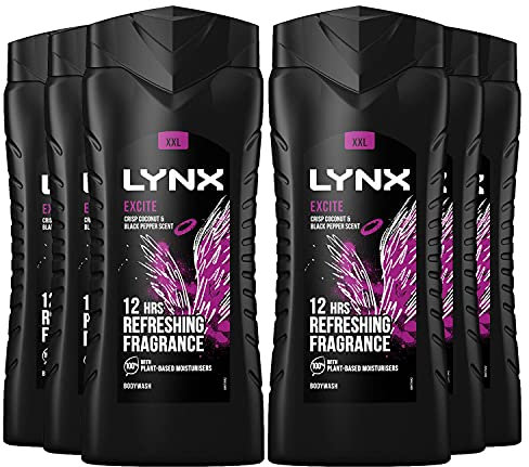 6 Pack of 500ml Lynx 12 Hour Refreshing Excite Crisp Coconut and Black Pepper Body wash for Feeling Clean and Fresh with Plant-based Moisturisers, Keep Smelling Irresistible!