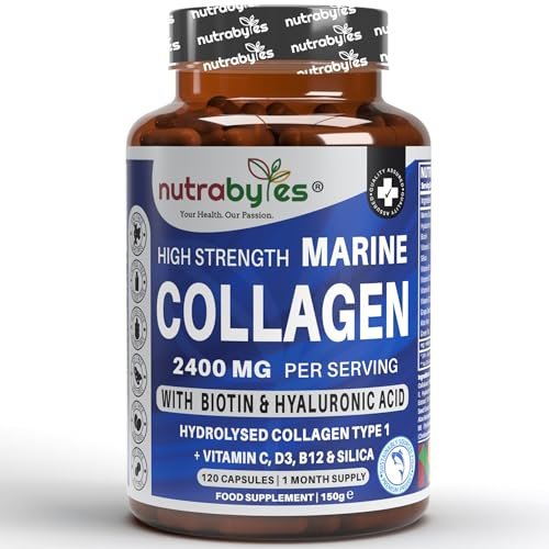High Strength Marine Collagen 2400mg with Hyaluronic Acid 100mg, Biotin, Vitamin C, D3, B12 and Silica - 120 Capsules - High Strength Hydrolysed Marine Collagen for Men and Women, Made in UK