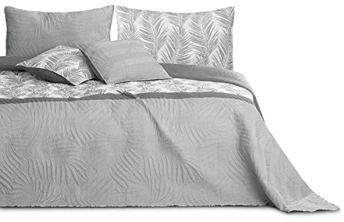 AmeliaHome Tagesdecke Bettüberwurf 200x220 cm zweiseitig pflegeleicht Steppung Pflanzenmuster Grau Weiß Tropical Bonaire