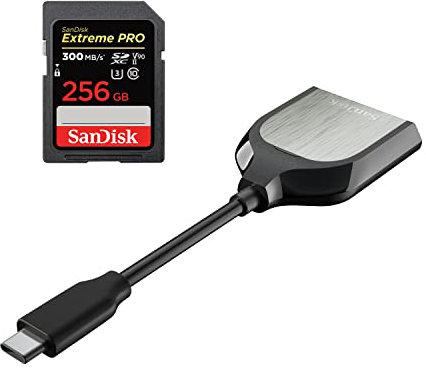 SanDisk Extreme PRO 256GB UHS-II SDXC card with the SanDisk USB Type-C Reader for SD UHS-I and UHS-II Cards
