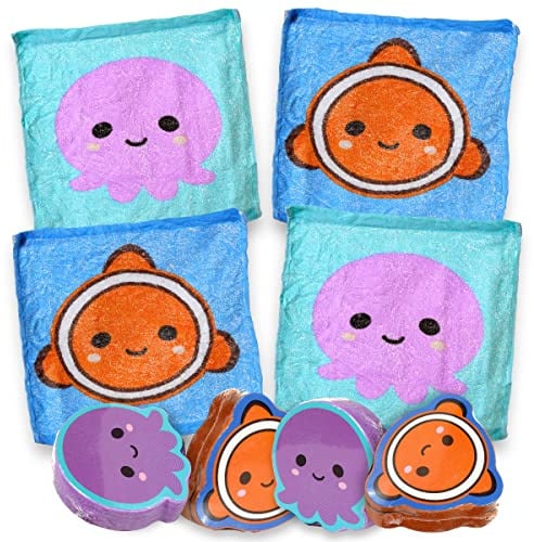 MIK funshopping Set Magischer-Waschlappen Zaubertuch Zauberhandtuch, Mitgebsel Kindergeschenk Tombola (4er Set Meeresleben)