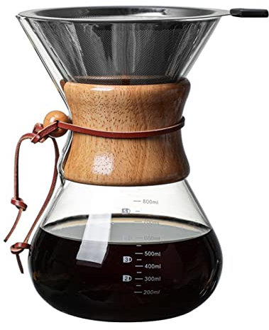 Jenngaoo Cafetera para Verter, Cafetera de Vidrio Reutilizable de 400ml con Filtro de Acero Inoxidable, Goteador de Café Manual con Funda de Madera para el Hogar y Los Viajes