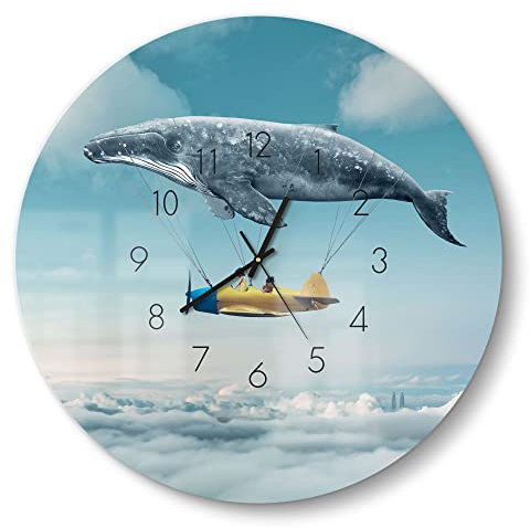 DEQORI Glasuhr | rund Ø 50 cm | Motiv Buckelwal-Zeppelin | große XXL Design Uhr aus Glas | leise Wanduhr für Wohnzimmer & Küche | Moderne Hingucker Uhr für die Wand