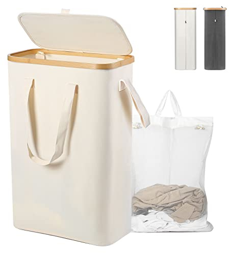 Yamagahome Wäschekorb Schmal mit Deckel, 52L Wäschesammler Schmal mit Wäschesack, Faltbarer Wäschekorb aus Bambus mit Tragegriff für Apartment, Wohnheim und Wohnwagen, Beige