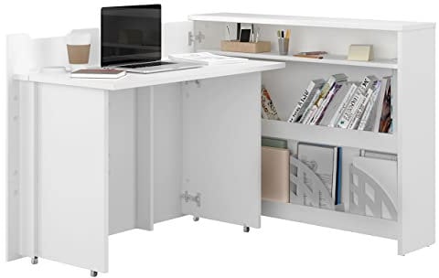 Mirjan24 Schreibtisch Ausziehbarer Work Concept, Eckschreibtisch, Arbeitstisch Computertisch, Eckschreibtisch, Winkelschreibtisch, Moderner Schranktisch (Weiß Hochglanz, Seite: Links)