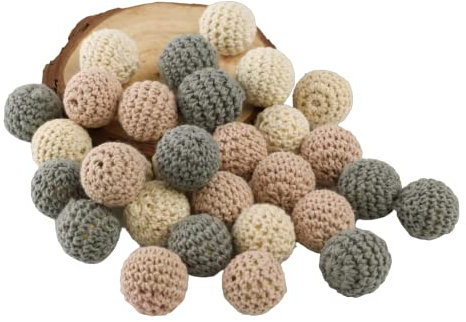 30stk Häkelperlen Bunt 20mm Gehäkelt Holzperlen Runde Gehäkelte Perlen mit Loch zum Auffädeln Handgefertigt Natur Holzkugeln für DIY Schmuck Dekorationen Halskette Armband
