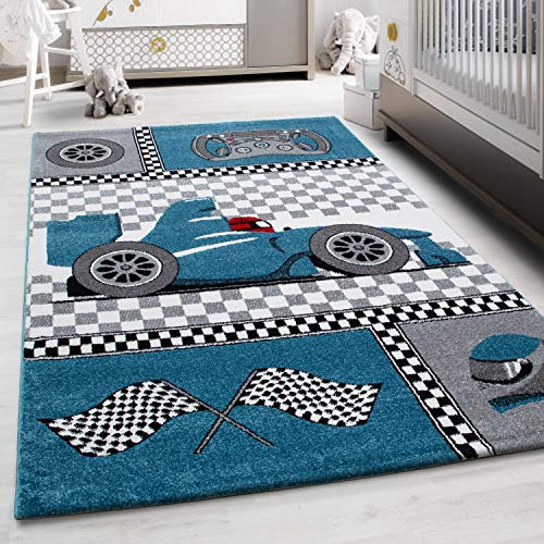 Teppium Kinderteppich für Jungen und Mädchen Rennwagen Muster 160 cm Rund Blau - Kurzflor Waschbarer Teppich Extra Weich und Antiallergen - Teppich für Kinderzimmer, Babyzimmer und Spielzimmer