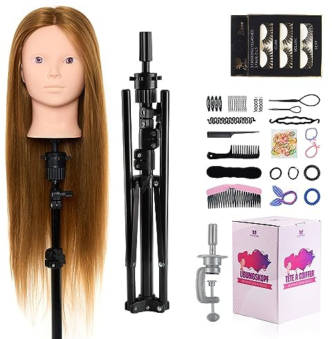 Neverland 71cm Frisierkopf Schminkkopf 60% Echthaar mit Übungskopf Ständer | Puppenkopf zum Frisieren und Schminken für Professionelle Friseure Einsteiger, mit Tischklemme, Wimpern und Haar-Styling-Set