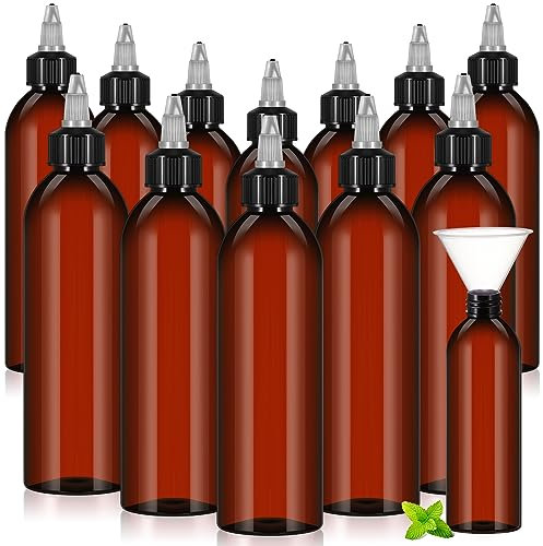 Barydat 12 Pcs Twist Top Applicator Bottle Refillable Squeeze Empty Plastic Bottles, Multi Purpose Round Hair Oil Applicator with Open Close Nozzle and 2 Funnels for Shampoo Lotion (Amber,8 oz)