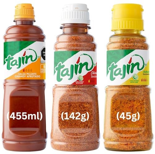 Tajin Seasoning Bundle Containing Tajin Clasico with Lime 142g, Tajin Habanero with Lime 45g, and Tajin Chamoy Sauce 455ml Authentic Mexican Flavouring