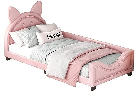 Azkoeesy 90 x 200 cm Polsterbett Mädchen Bett mit Katzenohren Kopfteil, Bezug aus Kunstleder, Einzelbett Schlafsofa Tagesbett Kinderbett Jugendbett (Rosa)