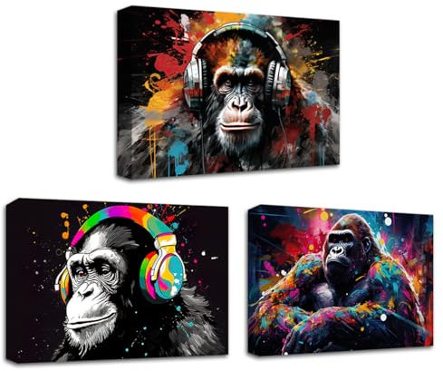 CXHOSTENT Coole Affen Leinwandbilder 3-teilige Graffiti-Schimpansen Gorilla Kunstdrucke Affen mit Kopfhörern Wanddekoration abstrakte Tierbilder (D, 30.00 x 40.00 cms x 3PCS)