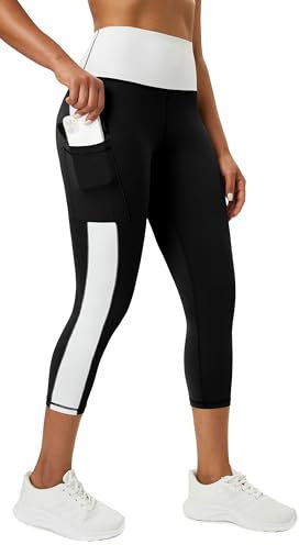 Tuspryt Leggings Damen 3/4 Sporthose Damen mit Taschen, Sport Leggings Damen 3/4 Jogginghose Damen Blickdicht Fitnesshose M