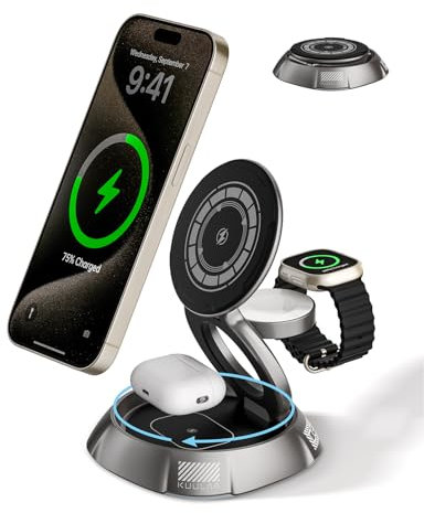 Kuulaa 3 in 1 iPhone Ladestation Mag-Safe Kabelloses Ladegerät für Apple, Schnelles Wireless Charger Magsafe Ladestation für iPhone 15 14 13 12 Pro& Apple Watch 9 8 7 6 SE 5 4 3 2 Air Pods Pro (Gray)