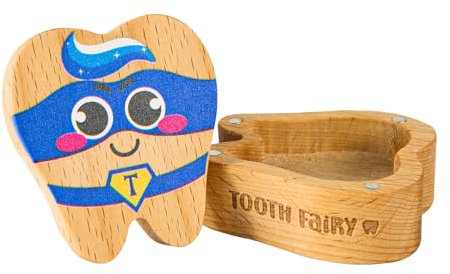 Zahnfee-Box, Hölzerne Zahn Andenkenbox Magnetischer Zahnhalter Niedliche Erste Zahn-Aufbewahrungsbox Zahnform Geburtstags-Souvenir-Geschenk für Verlorene Zähne (Blaue Augenmaske)