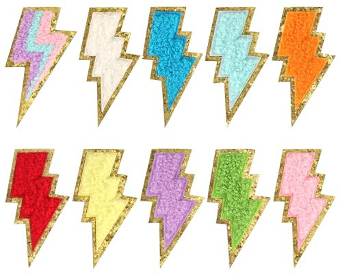 10 Stück Aufnäher Patches Blitz, Aufnäher zum Aufbügeln Bunt Applikationen zum Aufnähen Chenille Aufnäher DIY Bestickte Aufnäher für Hüte Kleidung Schuhe Taschen Jeans