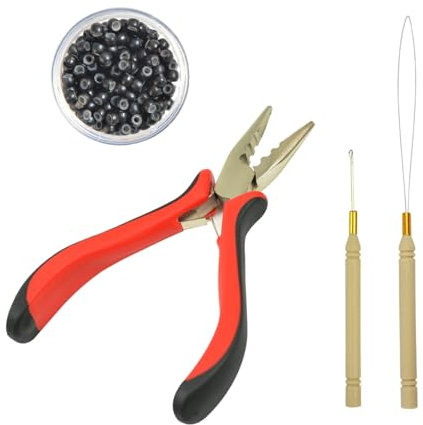 Hair Extensions Pliers Tool Kit 3-Hole Hair Pliers Pulling Hook Bead Device and 200 pcs Silicone Lined Micro Rings (3mm Black)