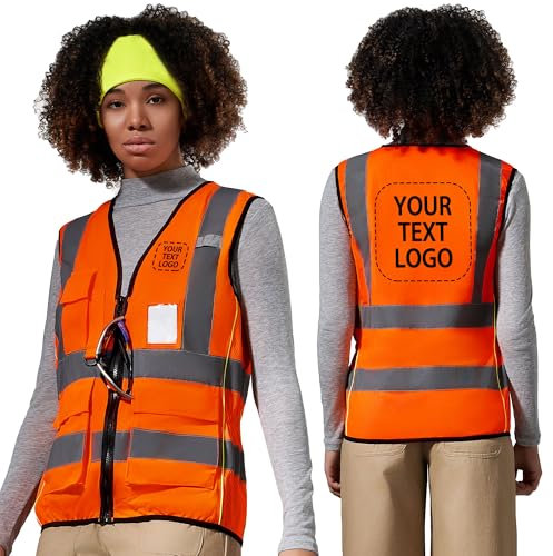 AYKRM personalisierbare Warnweste Damen bedrucken mit Text oder Logo, Orange Sicherheitsweste mit Mehreren Taschen, Reflektorweste Damen L