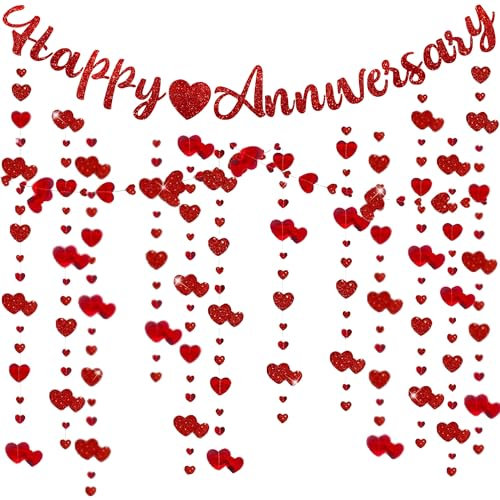 Red Happy Anniversary Banner Decorations - Ruby Wedding Anniversary Party Decoration Paper Glitter Letter Banners Heart Garland Hanging for Women Men 40th Wedding Anniversary Decor