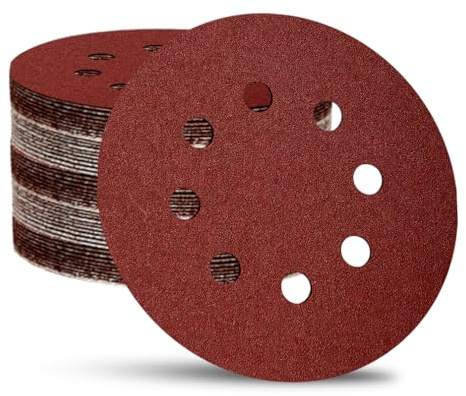 52 Pack 5 Inch 8-Hole Hook and Loop Sanding Discs Sandpaper Red Round 320 Grits Sandpaper for Random Orbital Sander