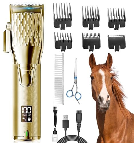 Horse Clippers, Cordless Trimmers Grooming Kit with 2500mAh Battery, Low Noise Heavy Duty Body Clipping Machine with LED Display for Horse, Cattle, Cat, Dog with Thick/Tangled Coat, Gold