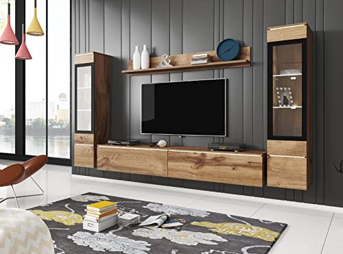 Moderne Eiche Wohnwand Entertainment Center mit 2 Schränken Lowboard Wandboard 4-teiliges Möbelset für Wohnzimmer hängend oder stehend Konfiguration