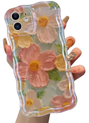 Phoona Cute Phone Case for iPhone 11 6,1, Preppy Oil Painting Flower Aesthetic Design Floral Pattern Curly Waves Border, Stylish Durable Soft TPU Protective Case for Girls Women, Green01
