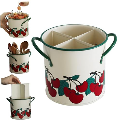 DAGLLGEW Kitchen Utensil Holder 4 Compartment Chopstick Spoon and Fork Holder Cherry Pattern Vintage Chinese Galvanized Metal Utensil Organizer