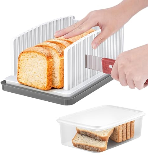 PTSUPLES Brotschneider mit Box, klappbare Brotschneidehilfe mit Krümelauffangschale, 2-in-1 Brotbox, Schneidegerät für hausgemachtes Brot und Kuchen