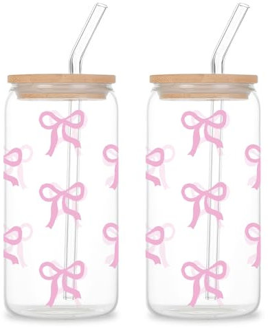 LEKEFETO 2 vasos de cristal 16 oz con tapa y pajita, taza de té de burbujas, diseño de arco decorativo, vaso versátil para batidos y latte