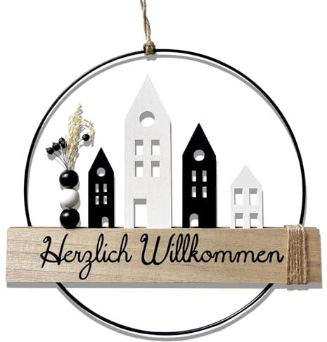 LAINIKE Türkranz Häuser, Trockenblumenkranz, Herzlich Willkommen Türkranz Fensterdeko und Türkranz Trockenblumen Türkranz Türdeko 28 cm Durchmesser –Tür Fenster Wandschmuck