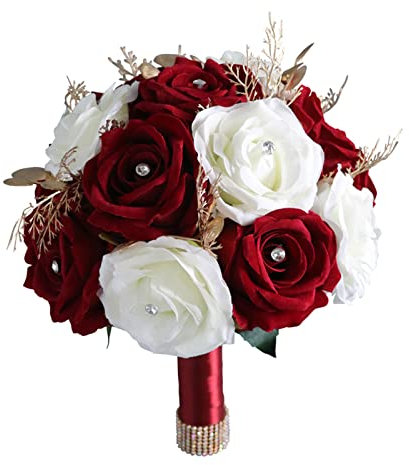Vynetra Bouquet di fiori da sposa artificiali bianco e vino rosso rosa fiori fotografia puntelli per bouquet da sposa