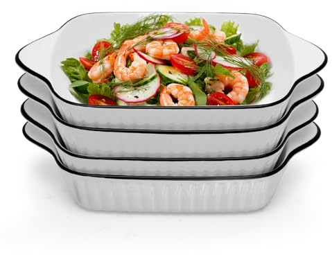 Set di 4 pirottini da forno in ceramica, 1000 ml, quadrati, mini pirofile, 26,5 x 14,6 x 4,8 cm, in ceramica con manici, per friggitrice ad aria calda, forno, microonde (design a costole)