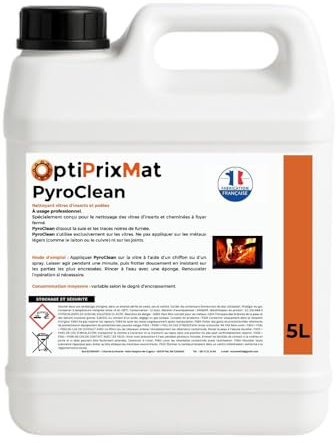 PYROCLEAN – Nettoyant vitres insert et cheminées – Élimine suie & traces noires – Usage professionnel – 5 Litres = jusqu’à 100 utilisations – Marque OptiPrixMat