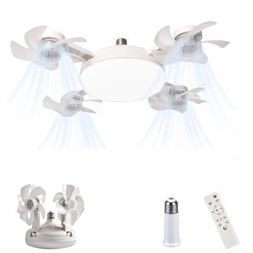 2 in 1 Hanging Fan with LED Lantern, Screw in Ceiling Fan with Remote Control Light Bulb, Amazing Dual Fans and Light, Dimmable 3 Color Temperatures & 3 Wind Speeds Lightbulb Fan for Bedroom