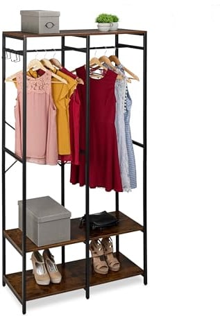 Relaxdays Open Wardrobe, Clothes Rack, Shelves & Rail, HWD: 180x94.5x40 cm, Metal, Black/Brown