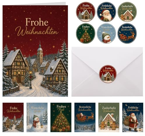 18er Weihnachtskarten Set Klappkarten mit Umschlägen & Aufklebern | Grußkarten weihnachten aus Kunstdruckpapier 25x17.5cm, weihnachtskarten mit umschlag set als frohe weihnachten karte