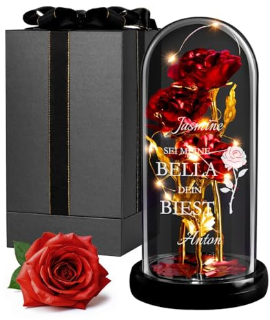 Maverton rote ewige Rose mit LED-Beleuchtung im Glas mit Gravur | Infinity Rose mit Gravur personalisiert, Geschenke für Frauen zum Valentinstag zu Weihnachten, Geburtstagsgeschenk für Frauen
