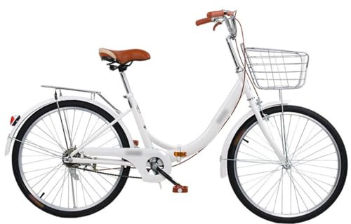 Vélo Pliable pour Femme De 24 Pouces, Cadre en Acier À Haute Teneur en Carbone À 6 Vitesses, Pneus Pleins, Vélo De Ville Pliable avec Panier Et Porte-Bagages Arrière en Acier C,24 inch