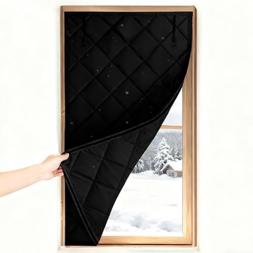 Wärmeschutzvorhang Winddicht Fenster für Winter, Thermovorhang Kälteschutz 65 90 120 130 160 180 cm, Isoliervorhang Wasserdicht für Schlafzimmer(Schwarz,26x55in/65x140cm)